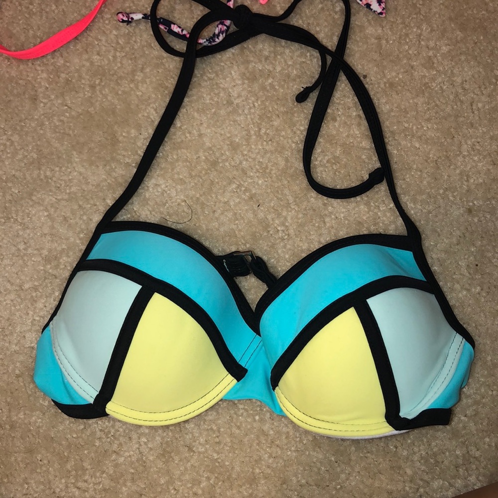 Green and blue bikini top